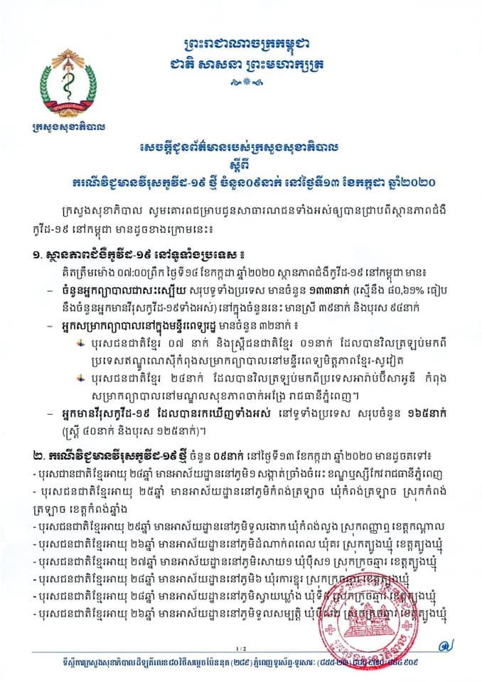 [COVID-19] កម្ពុជារកឃើញករណីឆ្លងកូវីដ-១៩ថ្មី ០៩នាក់ទៀតហើយជាករណីនាំចូល