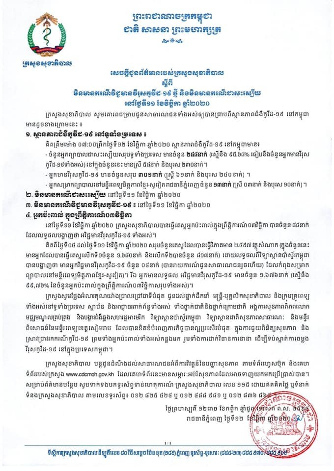 ថ្ងៃនេះក្រសួងសុខាភិបាលធ្វើតេស្ដបន្ថែមលើមនុស្ស៨៨នាក់ ពាក់ព័ន្ធព្រឹត្តិការណ៍ ៣ វិច្ឆិកា លទ្ធផលបង្ហាញថាអវិជ្ជមានទាំងអស់