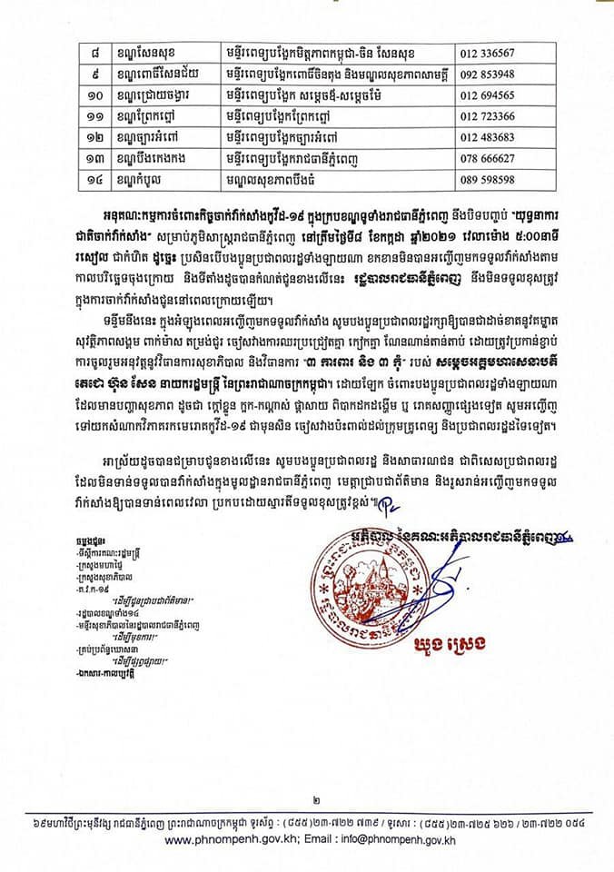 ភូមិសាស្រ្តរាជធានីភ្នំពេញ៖ សូមមេត្តារួសរាន់អញ្ជើញមកទទួលវ៉ាក់សាំងកូវីដ១៩ រៀងរាល់ម៉ោង ៨:០០នាទីព្រឹក ដល់ម៉ោង ៥:០០នាទីរសៀល ត្រឹមថ្ងៃទី៨ ខែកក្កដា ឆ្នាំ២០២១ ទៅតាមទីតាំងដែលបានកំណត់