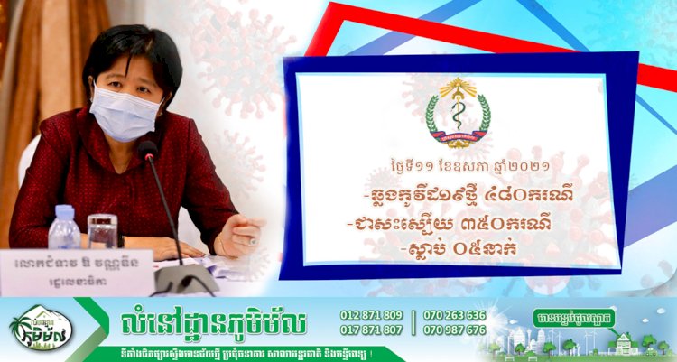 គិតត្រឹមព្រឹកថ្ងៃទី១១ ខែឧសភា ឆ្នាំ២០២១នេះ រកឃើញអ្នកឆ្លងថ្មីកូវីដ១៩ចំនួន ៤៨០នាក់ទៀត, ជាសះស្បើយ ៣៥០នាក់ ខណៈអ្នកស្លាប់មាន ០៥នាក់